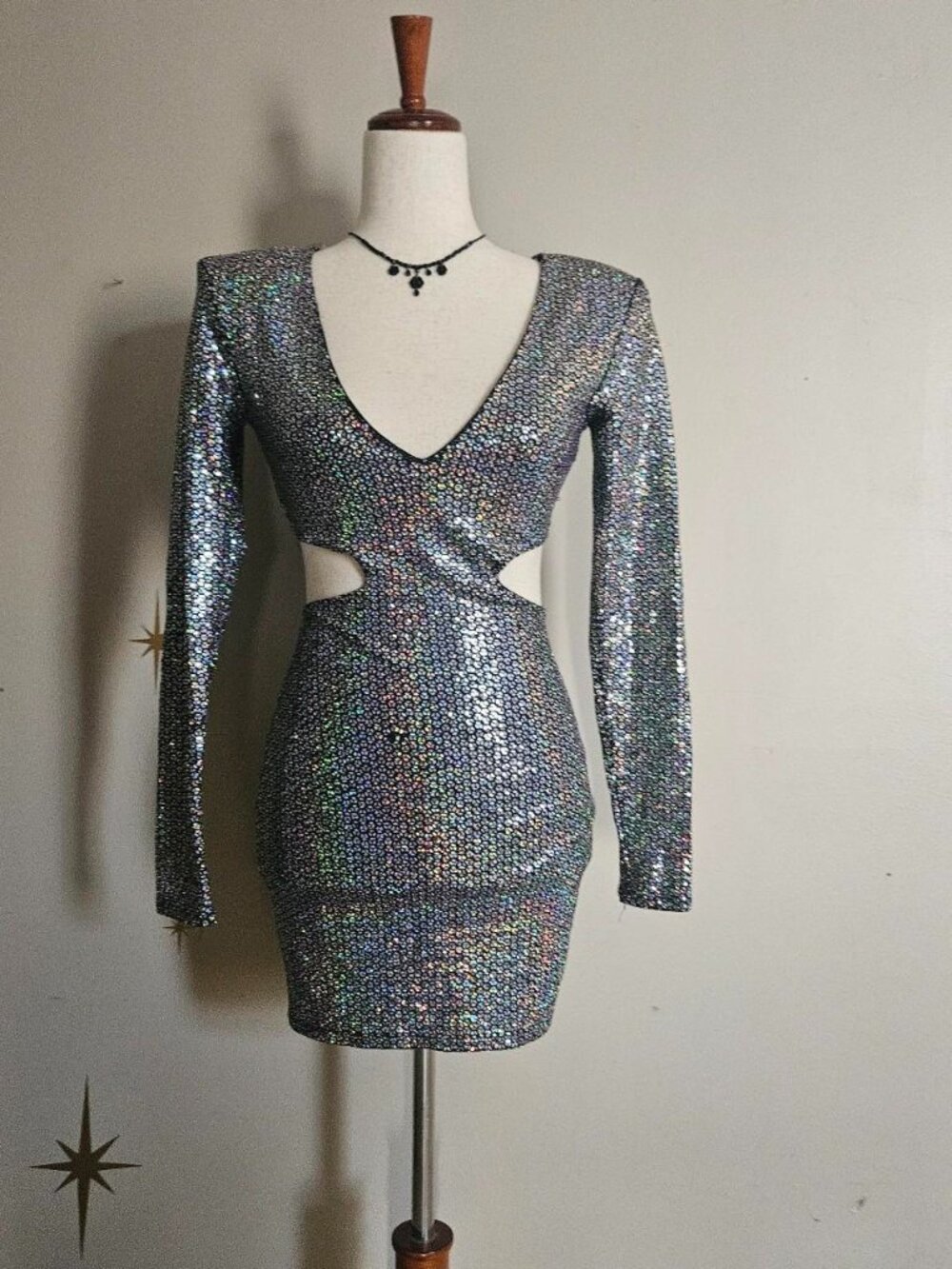 Vtg Goodtime USA Sz Small Y2k Sequin Mini Bodycon Dress w Cutouts, Shoulder pad